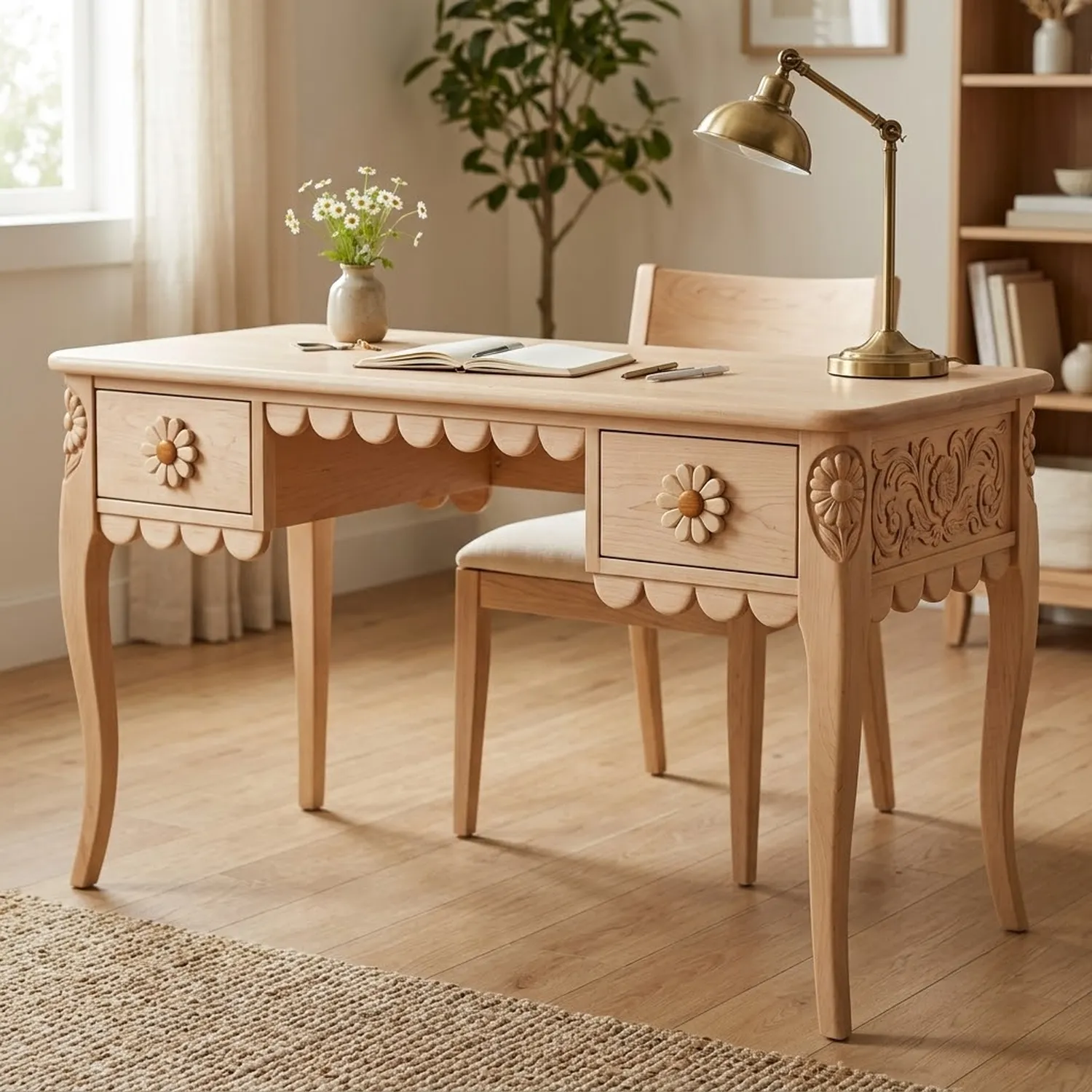 Wood Daisy Scallop Study Desk Charming Floral Accent Playful Children Room Decor
