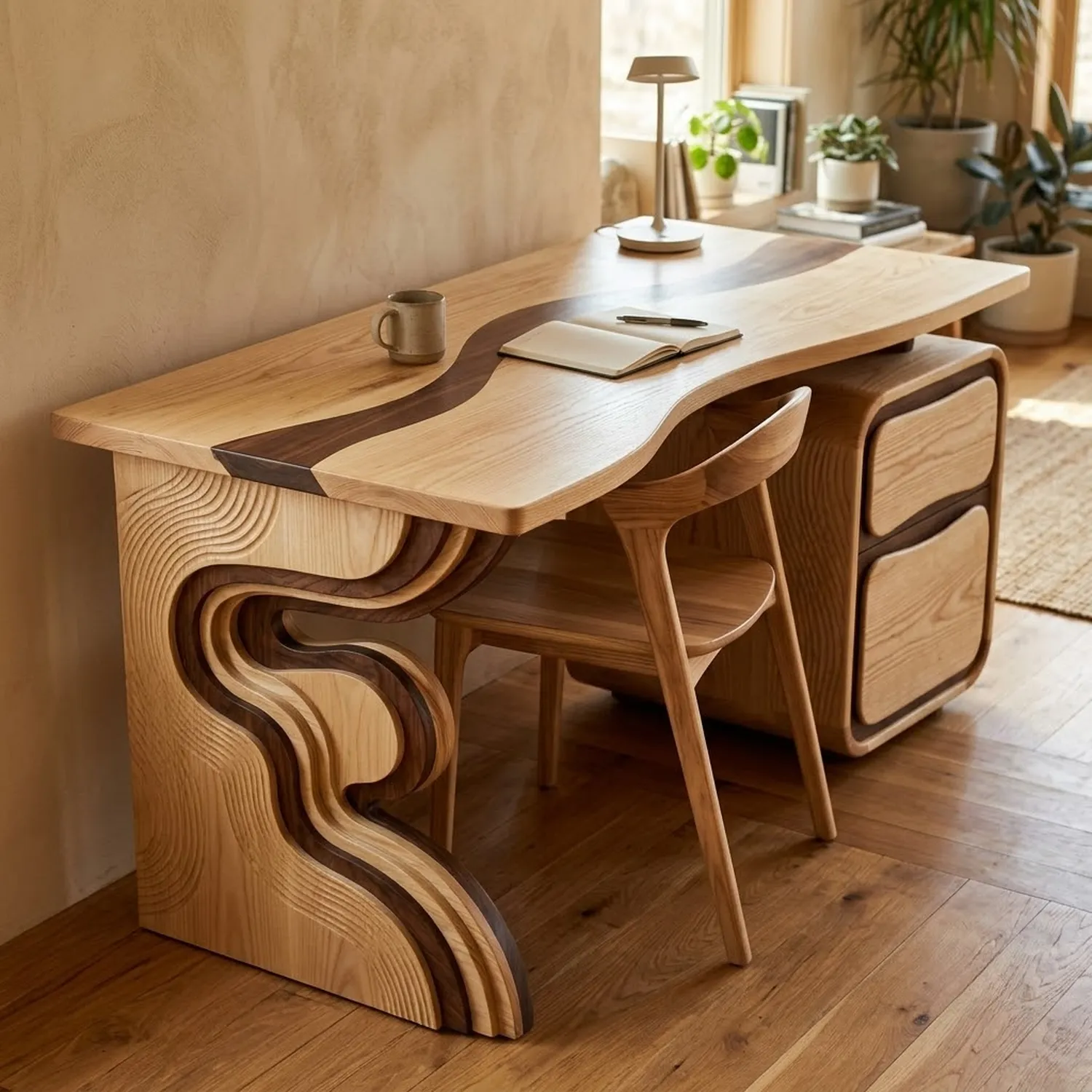 Wood Riverbend Study Desk Modern Minimalist Fluid Line Living Room Styling